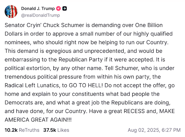 Screenshot of Donald Trump tweet and rant where he tells Senator Chuck Schumer to go to hell